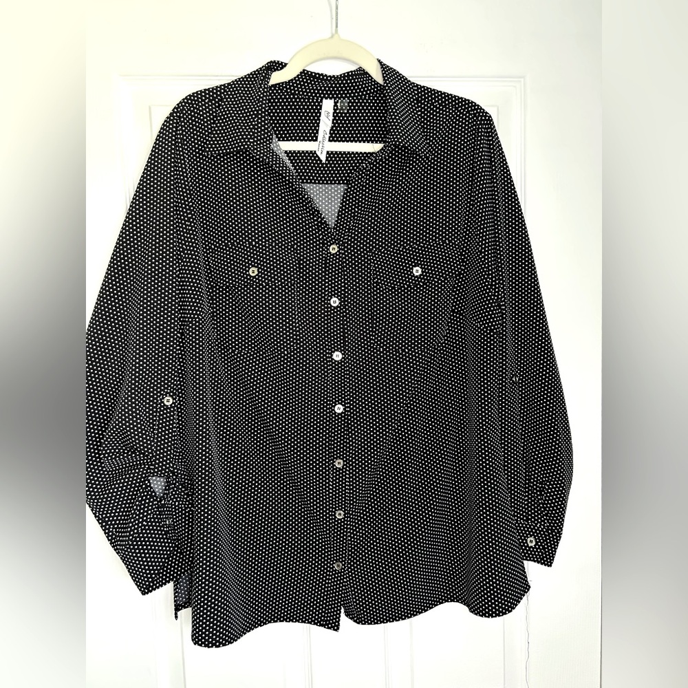 NY Collection Black Polka Dot Button Down Shirt